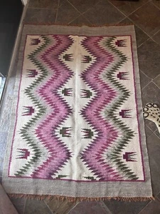 Southwest Tapestry Rug 58 x42” Geometric Flat Weave Rug Sage Green Pink Oatmeal - Picture 1 of 11