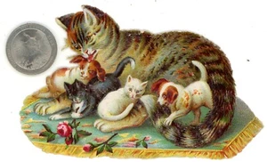 Antique Victorian-MOTHER CAT W/ KITTENS PUPPY- Die Cut Scrapbooking/Junk Journal - Picture 1 of 2