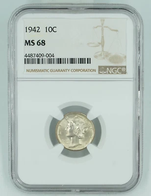 1942 NGC MS68 Mercury Silver Dime Blast White - Image 1 of 3