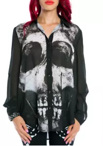 Iron Fist Y2K Goth Skull Sheer Blouse Top XS SMALL Hot Topic Killstar Dolls Kill - Picture 1 of 5