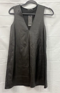 NWT Boohoo Women's Black Faux Leather V-neck Sleeveless Dress Size 2 Petite - Picture 1 of 7
