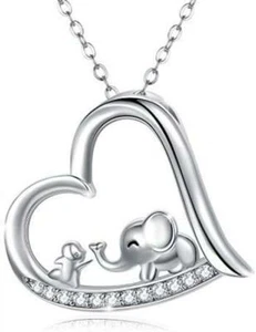 925 Sterling Silver CZ Heart Jumbo Elephant Necklace for Women Cute Animal Gifts - Picture 1 of 7