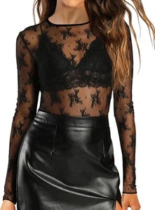 Women Mesh Long Sleeve Tops Crew Neck Sexy See Through Tee Shirts Party Club - Picture 1 of 2
