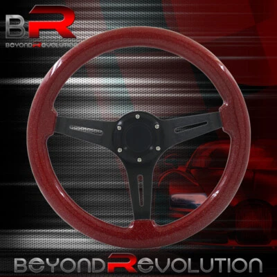 Metallic Red Wood 350mm Deep Dish Replacement 3 Spokes Aluminum Steering Wheel - Image 1 of 4