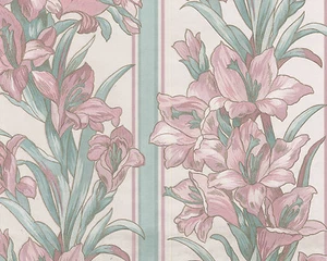 Elegant Fabric Double Rolls Sheen Flower Stripe Pink Turquoise White Wallpaper - Picture 1 of 2