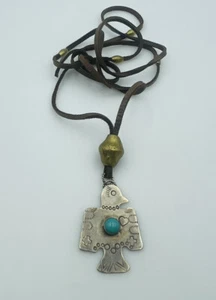 Antiguo Collar Cordón de Cuero Thunderbird Plata Esterlina Turquesa Navajo - Imagen 1 de 6