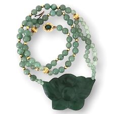 Vintage Collectable Hand Carved Jadeite Green Jade 14K Yellow Gold Bead Necklace