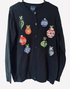 Gloria Vanderbilt Sequin Cardigan Embellished Christmas Sweater Black Large - Picture 1 of 7