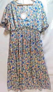 Umgee XL Dress NWT Floral Tiered Boho Maxi V Neck Short Sleeve Lined Summer - Picture 1 of 14