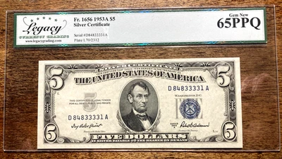 1953A 5 Dollar Silver Certificates Blue Seal LEGACY 65 PPQ Gem Serial# D8483331A - Image 1 of 2