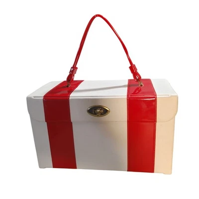 MCM Vinyl Handbag Vintage 1950s White Red Turn Lock Closure Handle Storage Case - Image 1 of 4