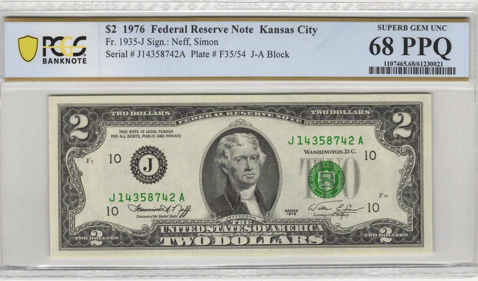 Fr.1935-J 1976 Kansas City $2 Federal Reserve Note PCGS Superb Gem UNC 68 PPQ - Image 1 of 2