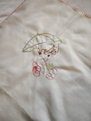 Embroidered WhiteTable Cloth 30" x 35" Girl with Umbrella - Image 1 of 4