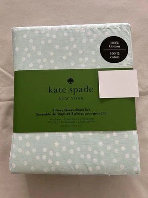 Новый 4шт Kate Spade королева простыни комплект мягкий новом зеленый с белыми точками 100% хлопок - Изображение 1 из 4