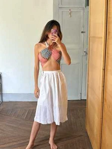 Antica gonna spagnola, sottoveste di cotone fatta a mano vintage sottogonna bianca con e - Foto 1 di 10