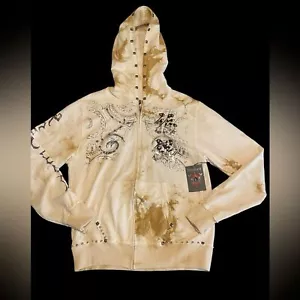 KEY CLOSET Rare men’s hoodie Tan Tribal bull embellished full zip NWT size XL - Picture 1 of 11