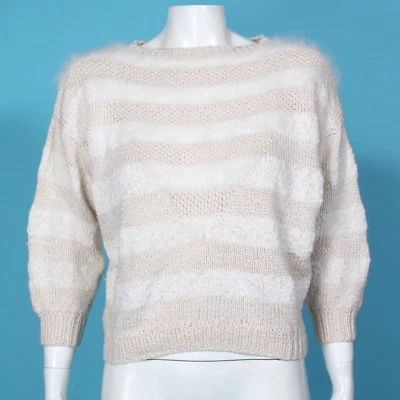 Vtg 90s Ivory Knit Striped Angora Mixed Sweater Womens Cottagecore sz M/L /078 - Image 1 of 4