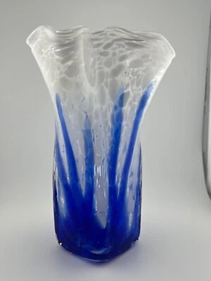 Hand Blown Blue and White Glass Vase 8 1/2 inches tall. Beautiful! - Image 1 of 4