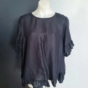 Women's size 14 'SUSSAN' Gorgeous black frill sleeve linen blouse top - AS NEW - Picture 1 of 7