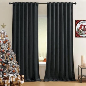 Black Velvet Curtains 108 Inches Long Thermal Insulated Blackout Velvet Curtains - Picture 1 of 7