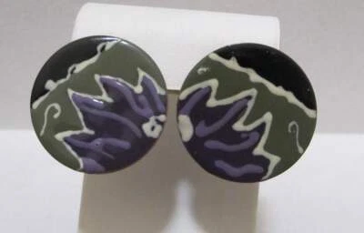 Pendientes Redondos De Colección Modernistas Artesanos Púrpura Gris Negro Esmalte en Latón Perforados Foto 1 de 4