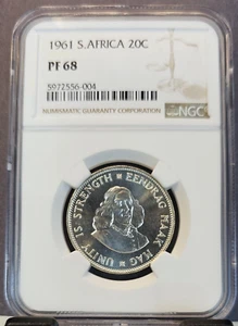 1961 SOUTH AFRICA SILVER 20 CENTS SOUTH AFRICAN SHIELD NGC PF 68 GEM TOP POP - Picture 1 of 3