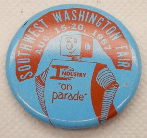Spilla vintage Southwest Washington Fair 1967 pulsante posteriore con robot - Foto 1 di 2