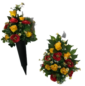 Grave Spike Vase & Pot Arrangement Artificial Silk Flower Memorial Rose & Poppy - Picture 1 of 7