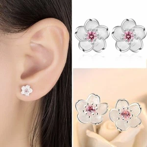 Fashion Silver Cherry Flower Zircon Stud Earrings Charm Wedding Women Gift - Zdjęcie 1 z 5