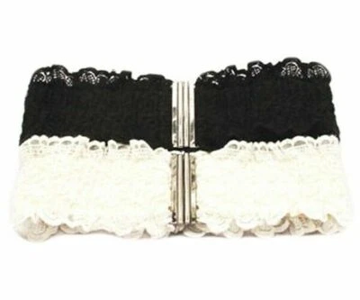 Women Lace Clasp Buckle Elastic Stretch Corset Waist Belt (Black/White) LL021 - Image 1 of 2