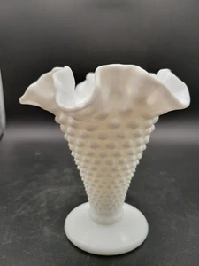 Vintage Fenton Hobnail White Milk Glass Ruffled Pedestal Vase - Picture 1 of 4