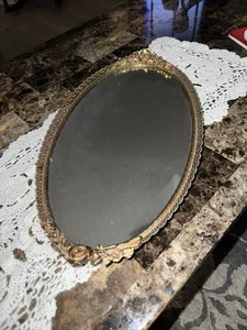Vintage oval vanity mirrored tray with brass filigree and handles Roses 16.25” - Picture 1 of 3