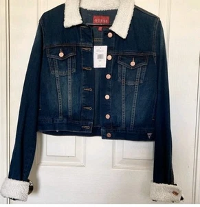 Guess Chaqueta Vaquera Azul Oscuro Mujer Grande NUEVA Y2K Borde Sherpa - Imagen 1 de 3