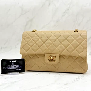 Chanel Lambskin Matelasse W-Flap Beige x Gold Chain Shoulder Bag 1410689 Rank A - Picture 1 of 24