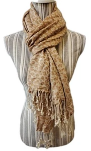 Pashmina Scarf Wrap Shawl Fringe Cashmere Silk Blend Beige Animal Print EUC - Picture 1 of 4