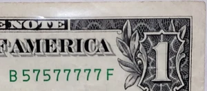 $1 Bill Fancy Serial Number BINARY ODDS W/6OAK 6-of-a-kind (7s) - B 57577777 F - Picture 1 of 3