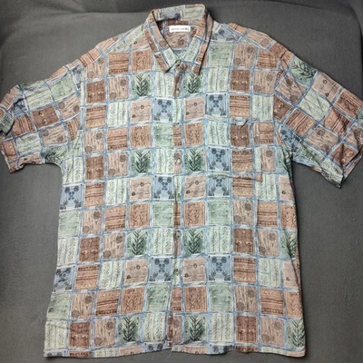 Vintage Pierre Cardin Shirt Mens Large Blue Green Brown Rayon Abstract Print 90s - Image 1 of 4