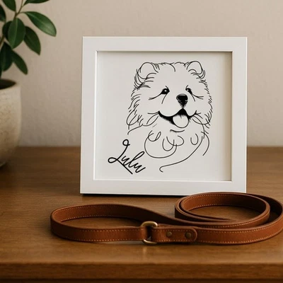 Nombre personalizado grabado láser Chow Chow perro retrato en panel de madera en marco Foto 1 de 4