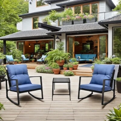3 Pieces Patio Bistro Set Outdoor Rocking Chair w Blue Cushion for Yard Poolside - Image 1 of 4