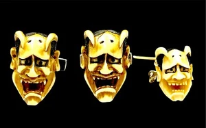 STERLING SILVER MOLDED LUCITE HANNA ONI NOH DEVIL MASK CUFFLINKS & GOLD TIE TACK - Picture 1 of 5