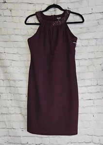 NWT SLNY Women's Burgundy Embellished Halter Neck Sheath Dress Sz 6 Petite - Picture 1 of 11