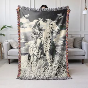 Proud Native American Woven Blanket Throw Tapestry Indian Horse Tribal Decor - Picture 1 of 16