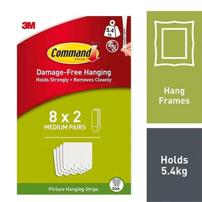 3M Command Stick Strips STRONG Picture Frame Hanging MEDIUM (16 Strips 8 Pairs) - Image 1 of 4