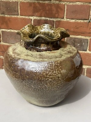 VINTAGE large brown studio pottery vase flared rim 23cm - Image 1 of 4