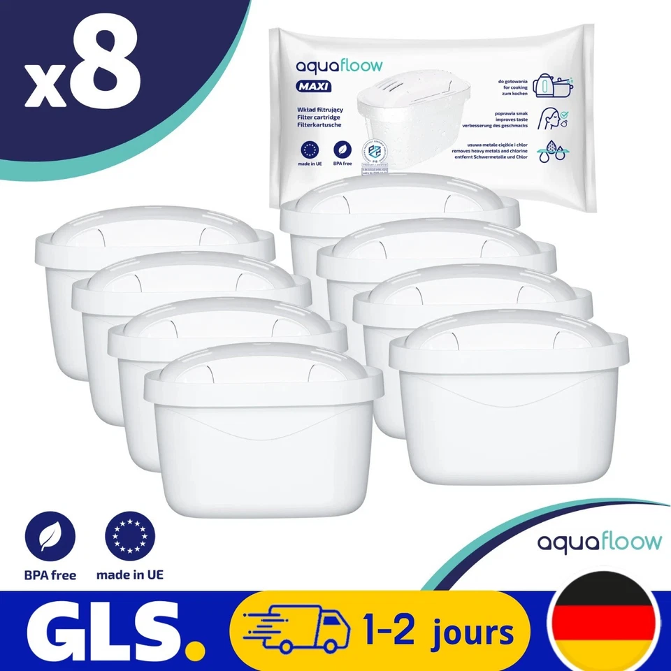 AQUAFLOOW 8x Cartouches Filtrantes pour Carafe, Filtres à eau Universel, pour BRITA MAXTRA