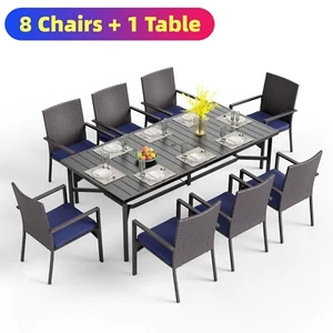 9 Piece Patio Dining Set Outdoor Furniture Set Rattan Chairs with Cushion Blue - Picture 1 of 13