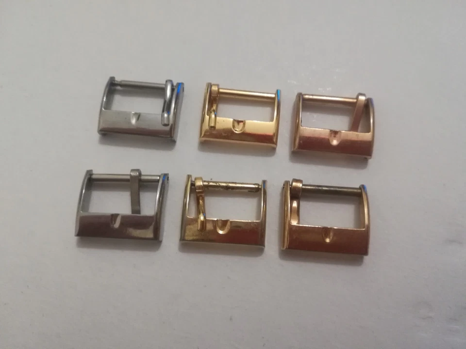 LOTTO 6 FIBBIE VINTAGE MISURA 14 MM IN ACCIAIO COLOR ARGENTO ORO GIALLO E ROSA  - Immagine 1 di 4