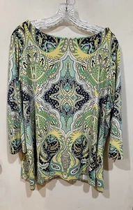 Charter Club Yellow, Green & Blue Paisley Print 3/4 Sleeve Nylon Top Size 3X - Picture 1 of 6
