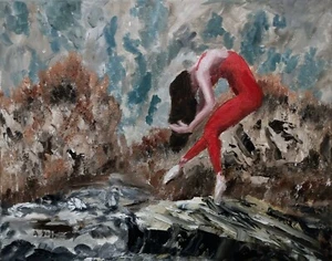 Oil Painting Red Dancer Ballerina Mountain Hills Stream Landscape Art A. Joli - Picture 1 of 1