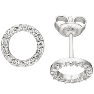 Studs Earrings Circles with White Zirconia Round 925 Silver, Ladies - Picture 1 of 1